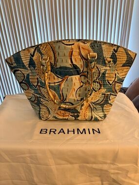 Brahmin Twirl Melbourne Teal and  Cream Croc-Embossed Floral Tote